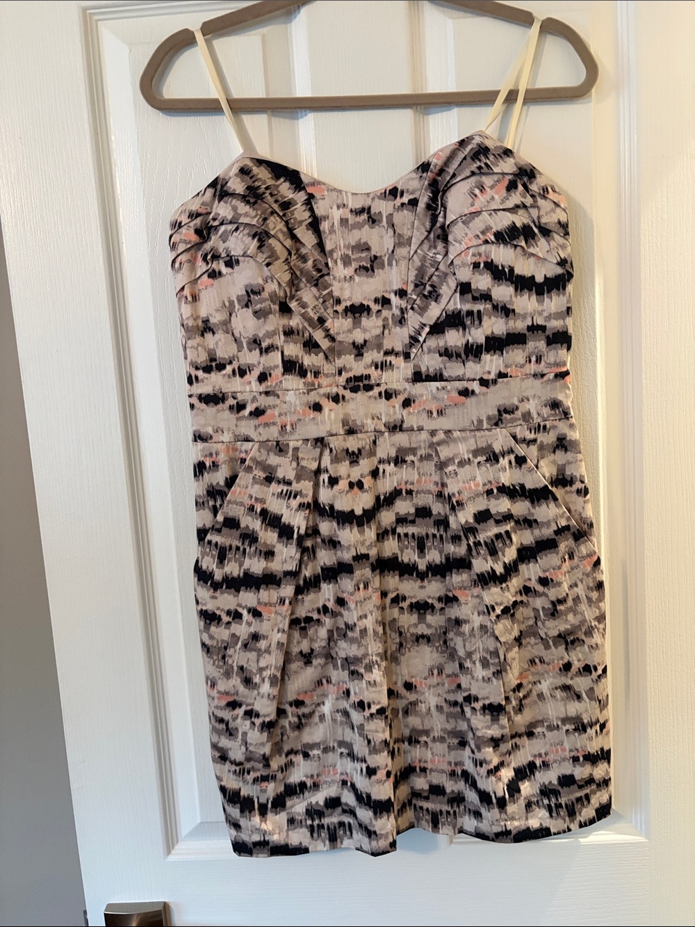 BCBGeneration Strapless Abstract Print Dress in Black, White & Blush